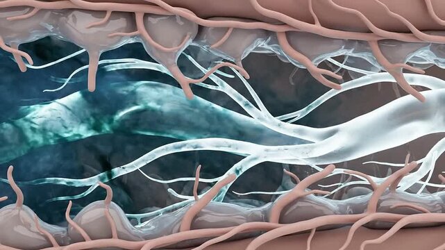 Ultra Macro CGI Visualization of Human Skin Detoxification Process Featuring Flowing Pathways and Cellular Structures