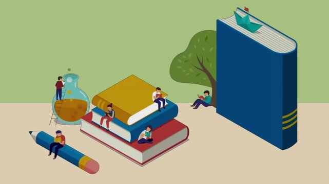 Colorful 2D flat animation of knowledge exploration, science research, and academic growth for e-learning platforms.
