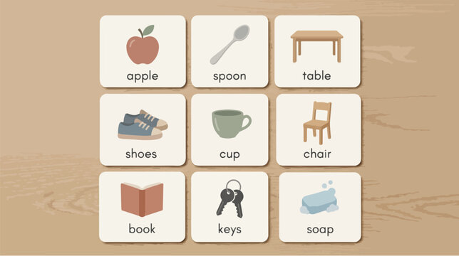 Children's educational flashcard set with illustrations of everyday objects on a wooden background, featuring a learning tool for kids