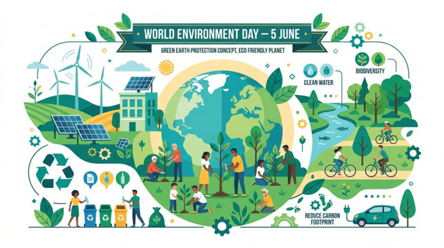 Community planting trees and promoting sustainability near wind turbines solar panels and clean water for world environment day