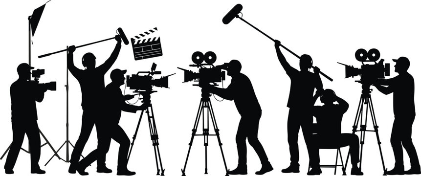 Professional film crew silhouettes set featuring movie production team with cameras boom microphones and directors working on cinema set isolated on white background.