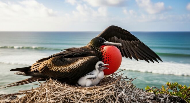 A male frigatebird with a red gular pouch sitting on nest