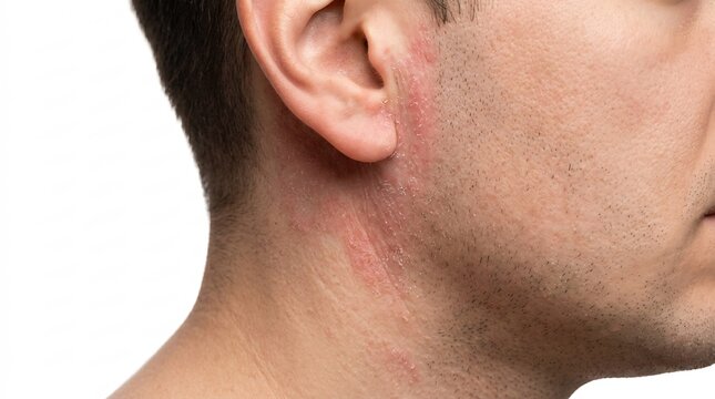 Close-up of red scaly skin patches on an adult man's earlobe and neck area