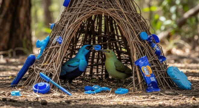 A male satin bowerbird decorates his intricate nest with blue plastic waste