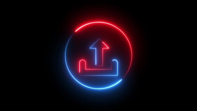 Glowing neon red and blue color upload sign icon animation up arrow signal file and data transfer success network sign symbol on black background