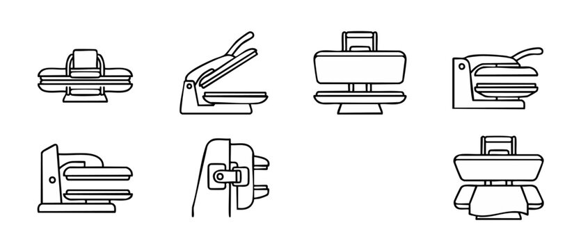 Heat Press Machine Icons Set, T-Shirt Printing Equipment Vector Illustrations, Professional Industrial Garment Pressing Tools, Thermal Transfer Apparel Branding Devices, Minimalist Linear Outline Desi