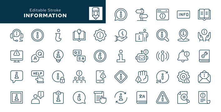 Information outline icons set. Instruction, rule, guide, info center,manual, reference book, dictionary, help and more. Line icon in linear style. Vector collection	
