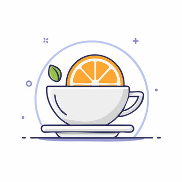 Cup of tea with orange slice and mint leaf, flat design