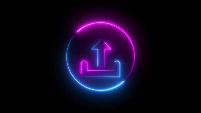 Glowing neon pink and blue color upload sign icon animation up arrow signal file and data transfer success network sign symbol on black background