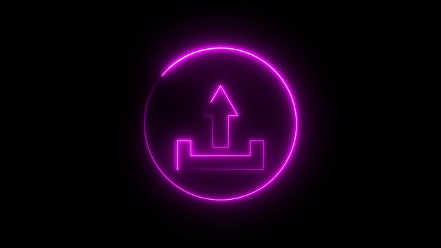 Glowing neon pink color upload sign icon animation up arrow signal file and data transfer success network sign symbol on black background
