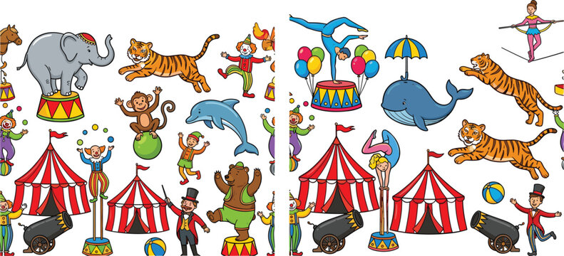 Circus Show Performance Vector Set with Acrobat, Clown, Ringmaster, Cannon, and Trained Animals like Elephant, Tiger, and Bear for Carnival Party and Kids Event Designs