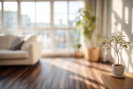 Sunlight streams into a bright, airy living room with a sofa and plants