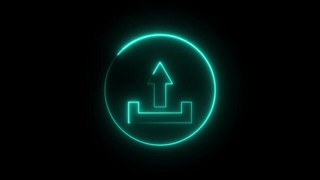 Glowing neon red and cyan color upload sign icon animation up arrow signal file and data transfer success network sign symbol on black background