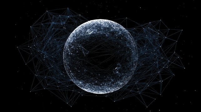 A digital globe surrounded by interconnected geometric lines and nodes, symbolizing data networks and global connectivity in a dark, futuristic space.