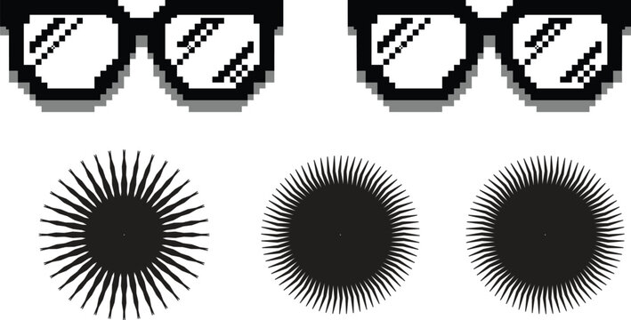 Set of black pixel art sunglasses and abstract sunburst silhouettes isolated on white background for retro summer design