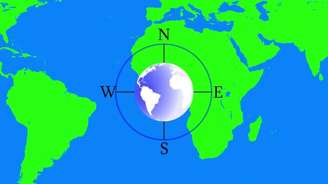 Earth globe with compass rose over world map. Global navigation symbol for international travel. Digital earth globe animation for map.