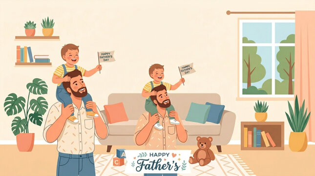 Father's day illustration of two fathers carrying kids on shoulders holding signs in living room with happy teddy bear
