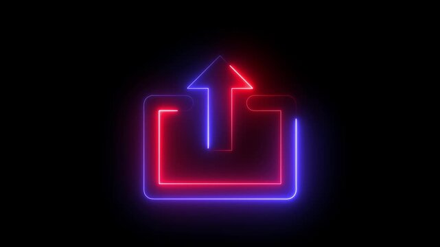 Glowing neon red and blue color upload sign icon animation up arrow signal file and data transfer success network sign symbol on black background