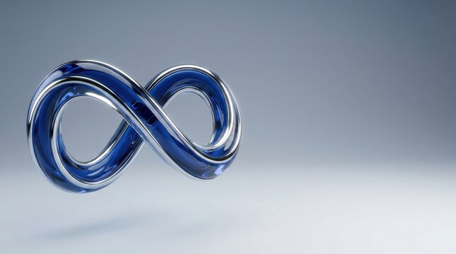 3D Rendered Blue Glass and Chrome Infinity Symbol on a Minimalist Studio Background, Concept of Eternity, Continuity, and Infinite Connection