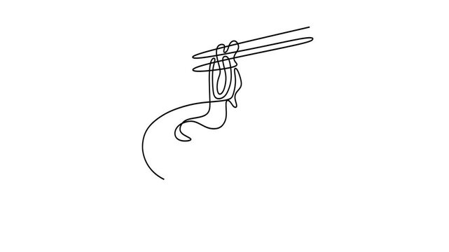 Animated self drawing of continuous line draw of ramen in a bowl, Spaghetti Line Icon, Chinese bowl and food,   Full length one line animation. 4K	
