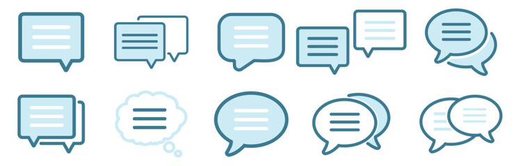 Blue speech bubble icon set with overlapping chat balloons. Communication and conversation symbols. © Taisiia