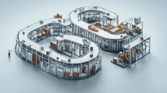 A unique 3D rendering showcases a factory production line designed in the shape of an S.