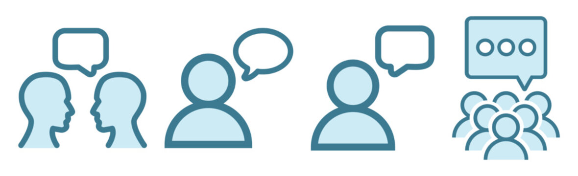 Set of chat and communication icons featuring people with speech bubbles. Each icon represents different forms of conversation and group interaction on transparent background.