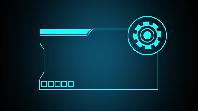 Cyan futuristic frame with gear element. Technology frame symbol for digital processing. Digital futuristic frame animation for tech interface.