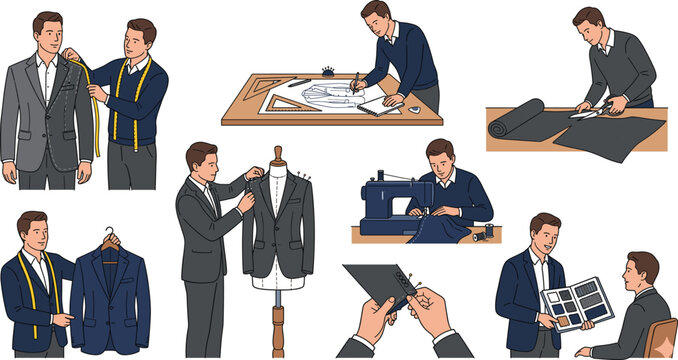 Tailor and Fashion Designer Vector Set Featuring Measuring, Sewing, Sketching, Suit Fitting, and Pattern Making for Clothing and Apparel Illustrations