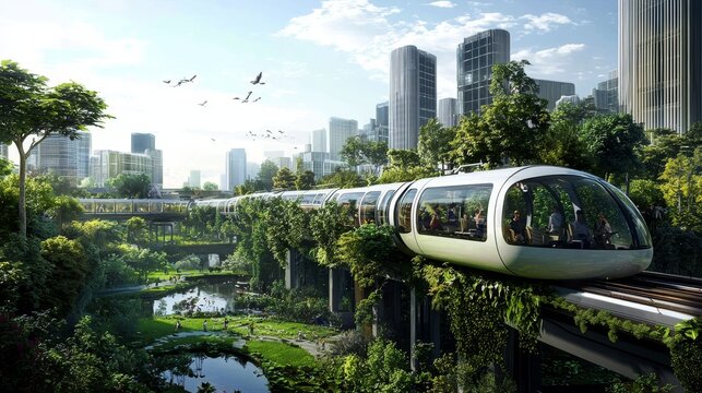 A glimpse of a futuristic cityscape where monorails blend seamlessly with greenery.