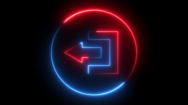 Glowing neon red and blue color logout sign and left arrow  icon animation sign symbol on black background