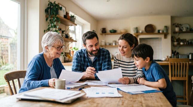 Family reviewing documents together at a kitchen table
