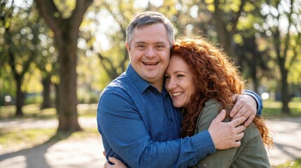 Fototapeta premium Smiling couple hugging outdoors in a park