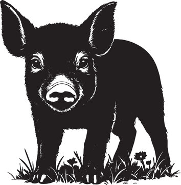 Cute baby piglet silhouette vector illustration. Stylized black and white little pig standing on grass isolated on white background. Minimalist farm animal icon.