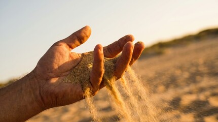 Fototapeta premium Sand pouring through fingers in a desert landscape at sunset
