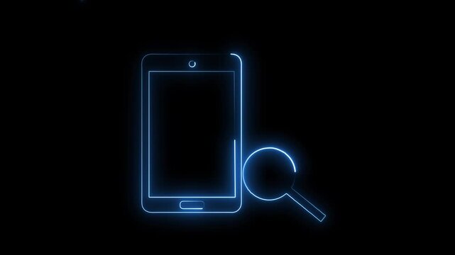Blue neon smartphone and magnifying glass icon on black. Mobile search symbol for digital information. Digital smartphone animation for data discovery.