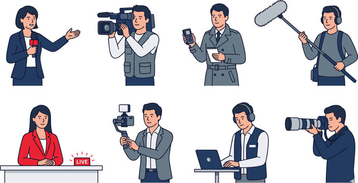 Journalists and News Media Vector Set Featuring Reporters, Camera Operators, Microphone Boom, Live Anchors, and Content Creators for Media and Broadcast Illustrations