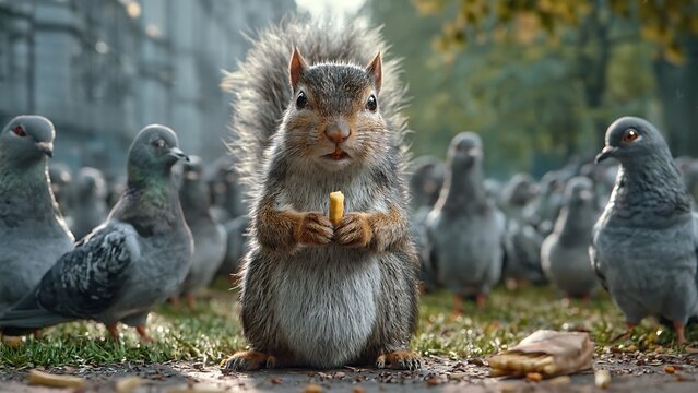 A squirrel holds food and stares at funny memes on a screen amid a flock of pigeons on grass with trees.
