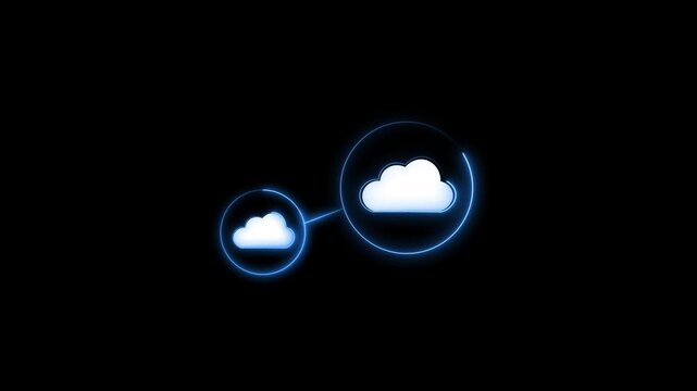 Two blue clouds in neon circles technology animation. Cloud computing symbol for digital storage. Digital cloud animation for network server.