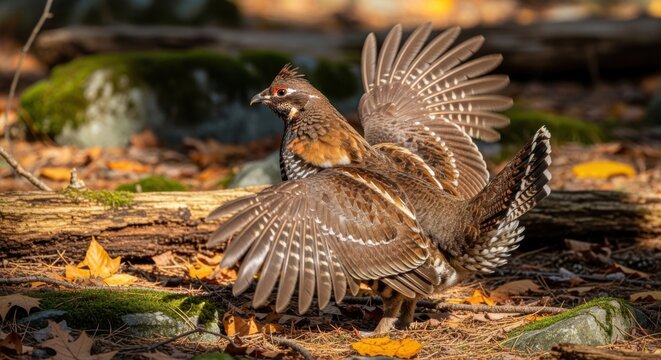 A ruffed grouse displaying its wings on the autumn forest floor