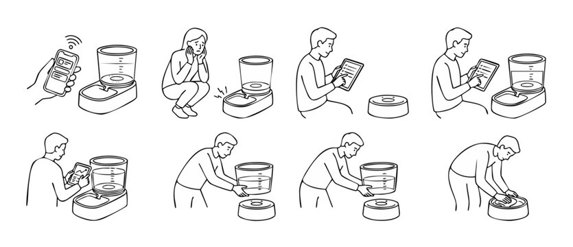 Smart Pet Feeder Setup and Usage Illustration Set, Automatic Pet Food Dispenser Operations, App-Controlled Feeding Device and Maintenance Steps, Digital Pet Care Technology Line Art Icon Collection