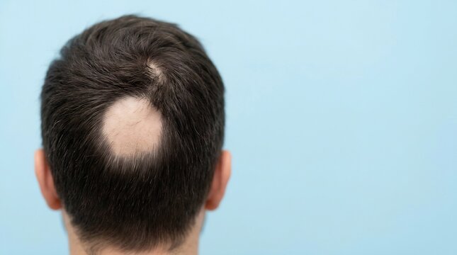 Close-up rear view of a circular bald patch on the scalp of a man against a light blue background