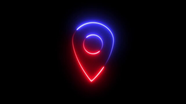 Glowing neon red and blue color location map sign icon animation position tracking direction address tags journey place navigation icon sign symbol on black background