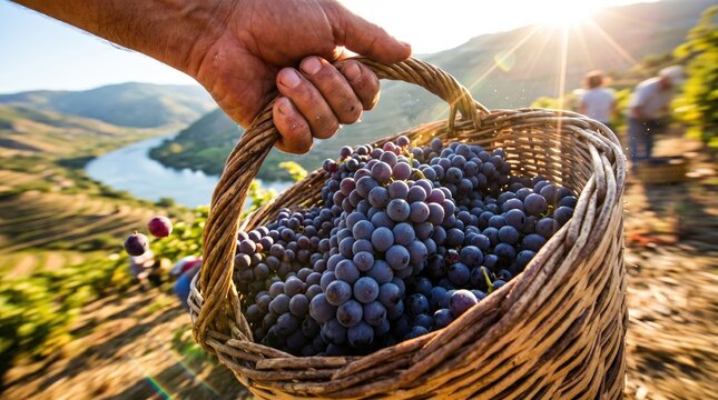 Cena Tradicional das Vindimas no Douro com Uvas em Cesto de Vime e Socalcos Vin&iacute;colas T&iacute;picos do Norte de Portugal.