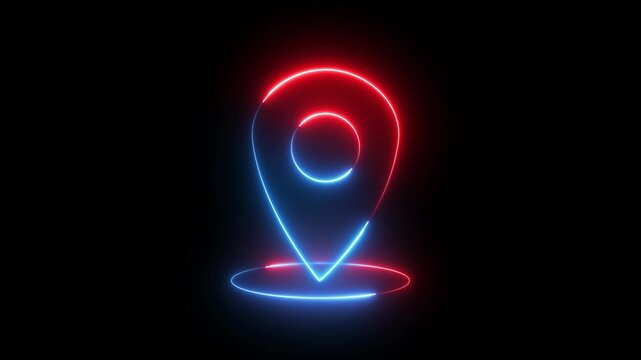 Glowing neon red and blue color location map sign icon animation position tracking direction address tags journey place navigation icon sign symbol on black background