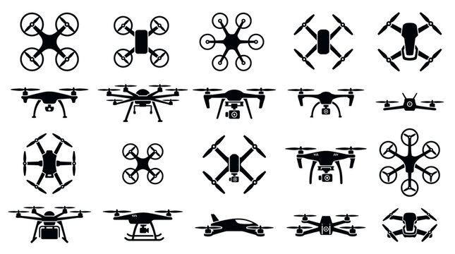 Set of various black drone icons and silhouettes, featuring different quadcopter and hexacopter designs on a clean white background, Symbolizing technological innovation and aerial photography