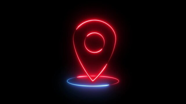 Glowing neon red and blue color location map sign icon animation position tracking direction address tags journey place navigation icon sign symbol on black background