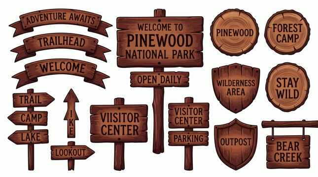 A collection of vintage wooden signs and banners with text for national parks, camping and outdoor trails, Symbolizing adventure and illustrating park navigation