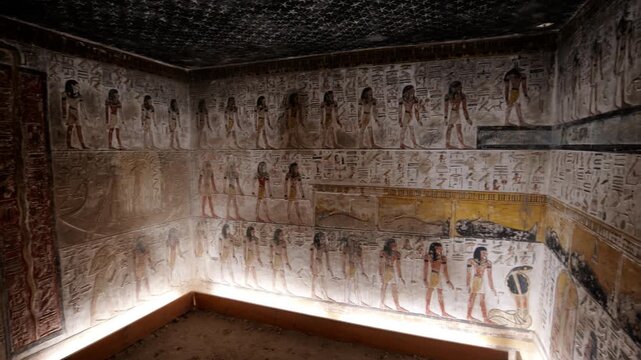 Close-up of ancient Egyptian relief carving inside KV17 tomb of Seti I, Valley of the Kings, Luxor, Egypt, showing a deity figure with black hair and deteriorating pigment.