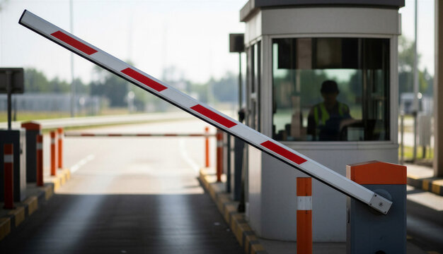 Barrier gate at toll booth with operator in control cabin  